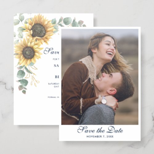Watercolor Sunflower Eucalyptus Save The Date Letterpress Photo Cards