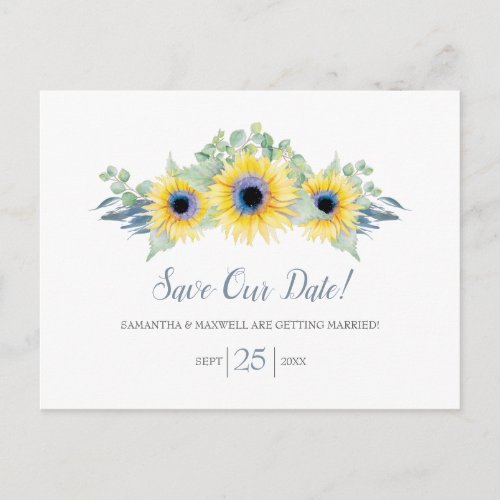 Watercolor Sunflower Eucalyptus Save The Date Postcard