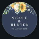 Watercolor sunflower eucalyptus wedding classic round sticker<br><div class="desc">A rustic sunflower design with a navy blue background color with watercolor white peony rose and sunflowers. The text details and colors can be edited.</div>