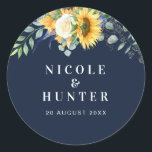 Watercolor sunflower eucalyptus wedding classic round sticker<br><div class="desc">A rustic sunflower design with a navy blue background color with watercolor white peony rose and sunflowers. The text details and colors can be edited.</div>