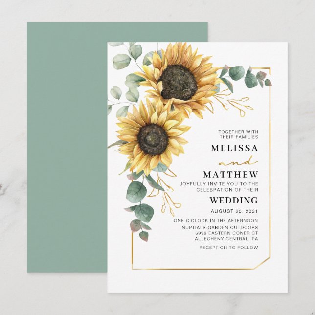 Watercolor Sunflower Eucalyptus Wedding Invitation (Front/Back)