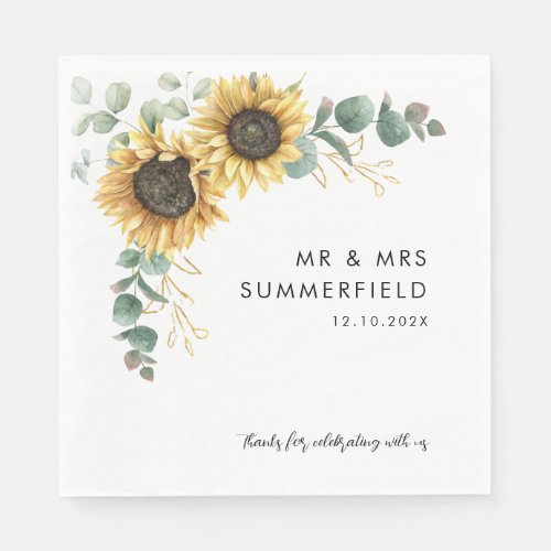Watercolor Sunflower Eucalyptus Wedding Paper Napkins