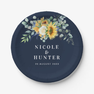 Watercolor sunflower eucalyptus wedding paper plates