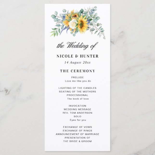 watercolor sunflower eucalyptus wedding program (Front)