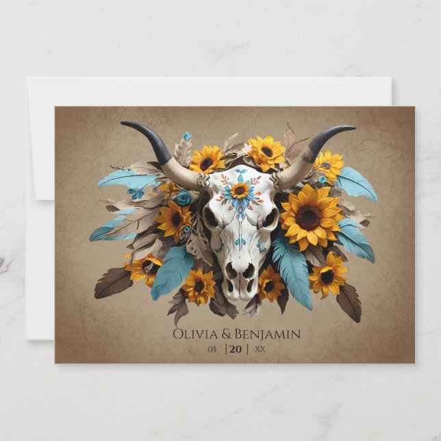 Watercolor Sunflower Feather Cow Skull Wedding Invitation (Front)