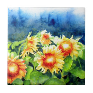 Watercolor Sunflower Fields Ceramic Tile