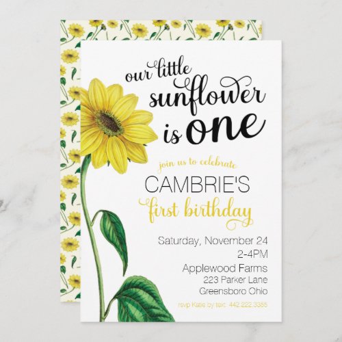 Watercolor Sunflower First Birthday Invitation