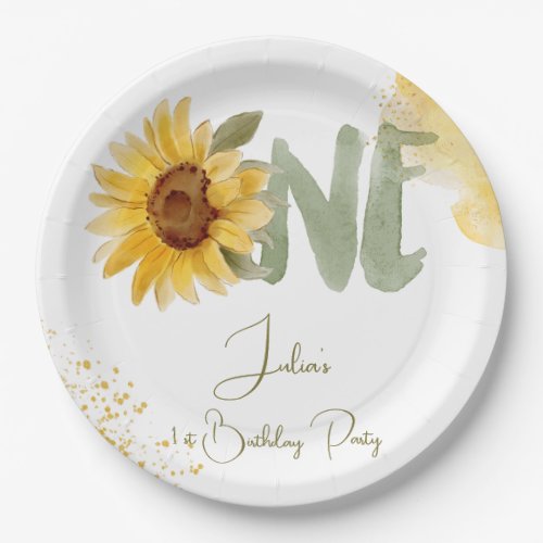 Watercolor sunflower first Birthday Paper Plates