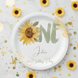 Watercolor sunflower first Birthday Paper Plates