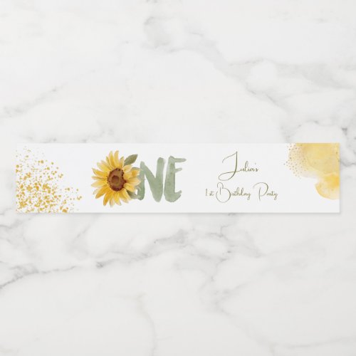 Watercolor sunflower first Birthday Water Bottle Label