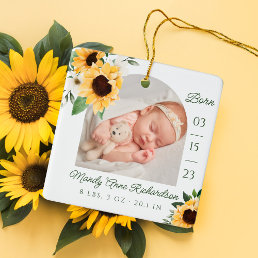 Watercolor Sunflower Floral Baby Birth Stats Photo Ceramic Ornament