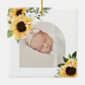 Watercolor Sunflower Floral Baby Birth Stats Photo Ceramic Ornament (Back)