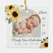 Watercolor Sunflower Floral Baby Birth Stats Photo Ceramic Ornament (Front)