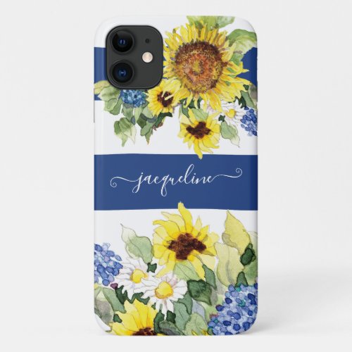 Watercolor Sunflower Floral Blue n White Striped iPhone 11 Case