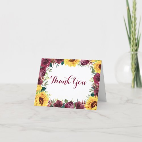 Watercolor Sunflower Floral Border Wedding Thank You Card