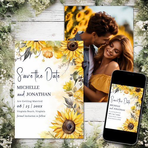 Watercolor Sunflower Floral Flower Wedding Photo Save The Date