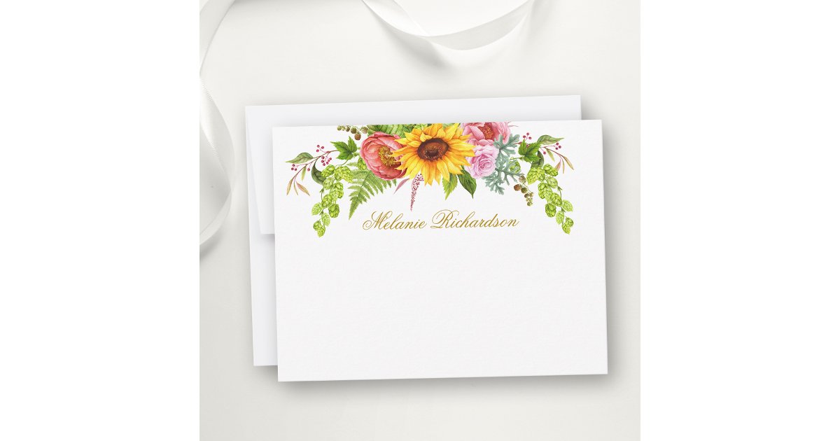 Watercolor Sunflower Floral Gold Personalized Note Card | Zazzle