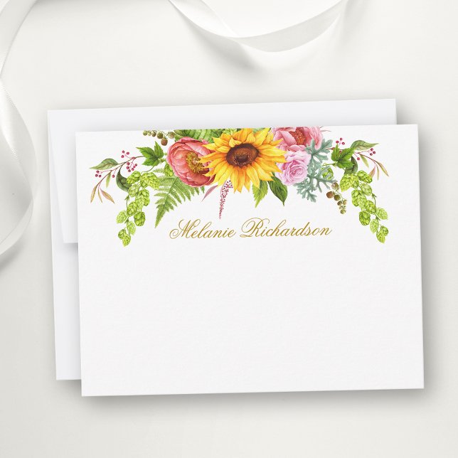 Watercolor Sunflower Floral Gold Personalized Note Card (Customize to change text size, color, style or to add more text to front or back of card.)