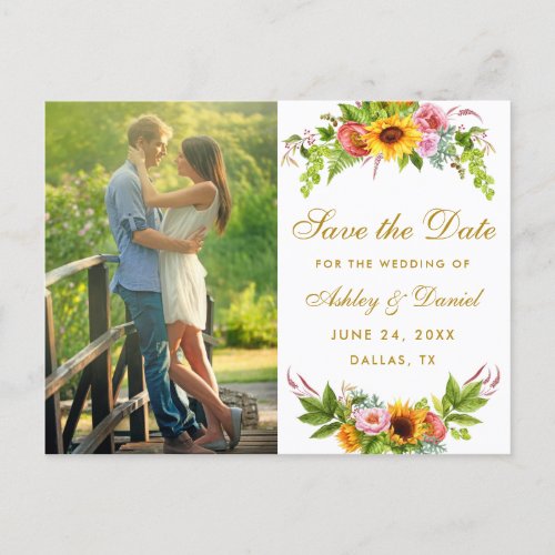 Watercolor Sunflower Floral Gold Save The Date Invitation Postcard