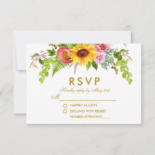 Watercolor Sunflower Floral Gold Wedding RSVP Card