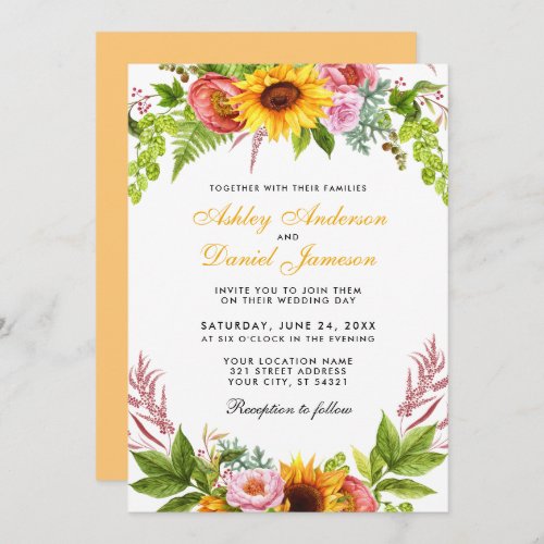 Watercolor Sunflower Floral Golden Yellow Wedding Invitation