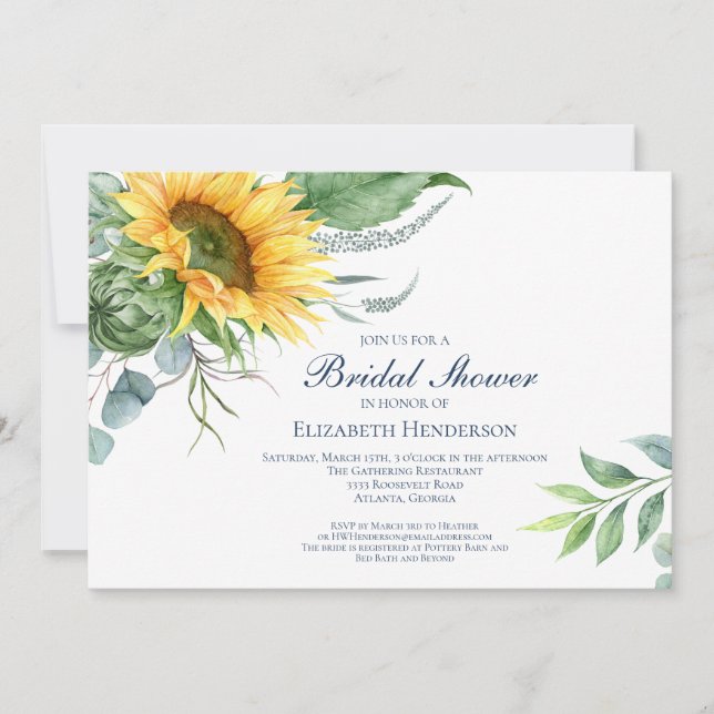 Watercolor Sunflower Floral Greenery Bridal Shower Invitation (Front)