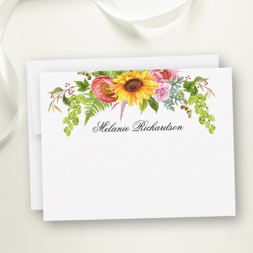 Watercolor Sunflower Floral Greenery Personalized Note Card