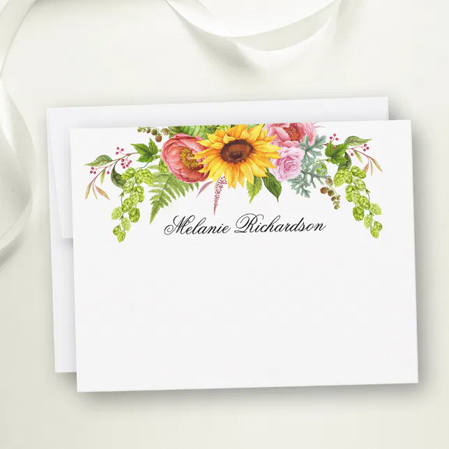 Watercolor Sunflower Floral Greenery Personalized Note Card | Zazzle