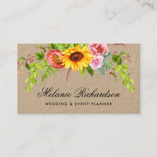 Customizable Watercolor Sunflower Floral Kraft Business Card