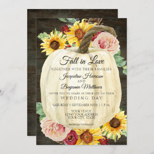 Watercolor Sunflower Floral n Pumpkin Dark Wood Invitation