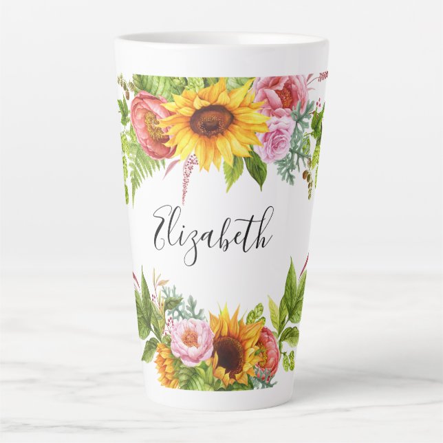 Watercolor Sunflower Floral Name Large Latte Mug (Front)