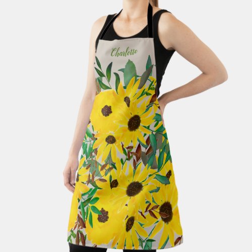 Watercolor Sunflower Floral Pattern  Name  Apron