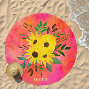Watercolor Sunflower Floral Pattern Pink + Name  Beach Towel