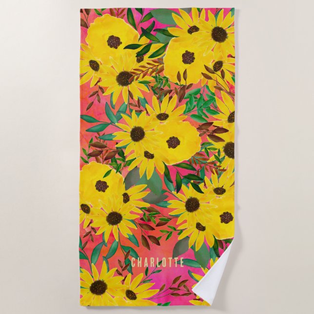 Watercolor Sunflower Floral Pattern Pink + Name   Beach Towel (Front)