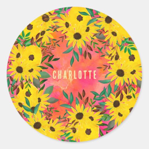 Watercolor Sunflower Floral Pattern Pink  Name   Classic Round Sticker