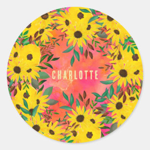 Watercolor Sunflower Floral Pattern Pink + Name Classic Round Sticker
