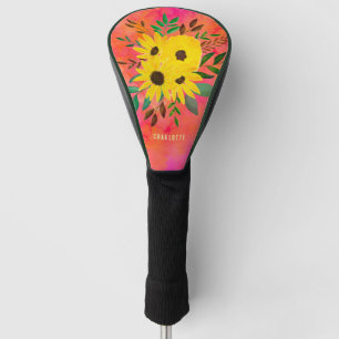 Watercolor Sunflower Floral Pattern Pink + Name Golf Head Cover