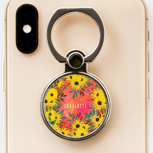 Watercolor Sunflower Floral Pattern Pink  Name   Phone Ring Stand