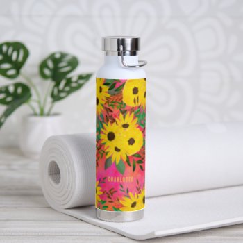 Watercolor Sunflower Floral Pattern Pink   Name  Water Bottle by DesignByLang at Zazzle