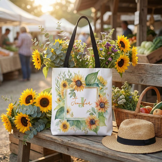 Watercolor Sunflower Floral Personalized Monogram Tote Bag (Creator Uploaded)