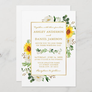 Watercolor Sunflower Floral Photo Gold Wedding Invitation