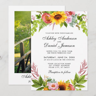 Watercolor Sunflower Floral Photo Wedding Invitation