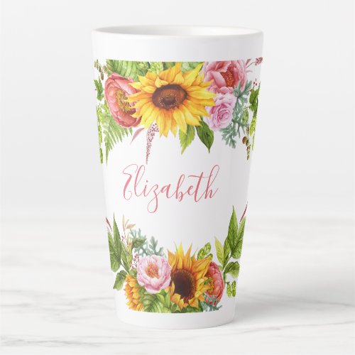 Watercolor Sunflower Floral Pink Name Large Latte Mug