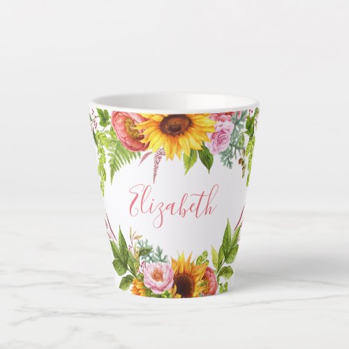 Watercolor Sunflower Floral Pink Name Latte Mug