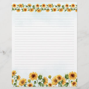 Watercolor Sunflower Floral Stationery Lined Paper