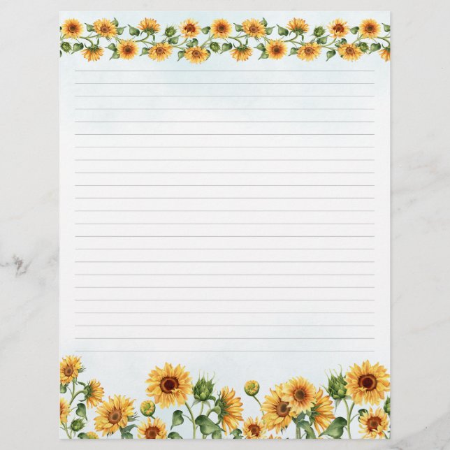 Watercolor Sunflower Floral Stationery Lined Paper (Front)