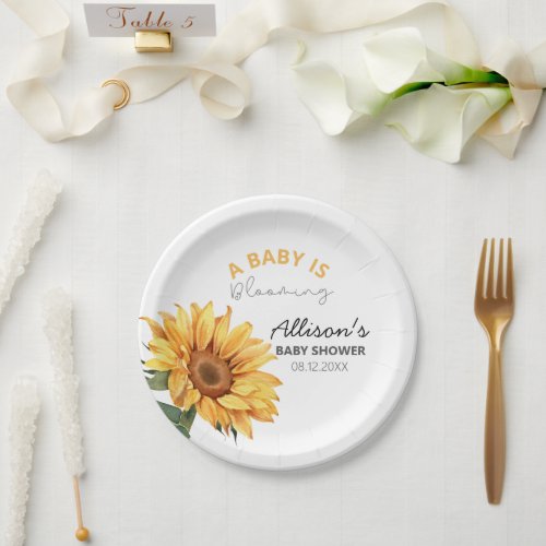 Watercolor Sunflower Floral Theme Baby Shower Paper Plates