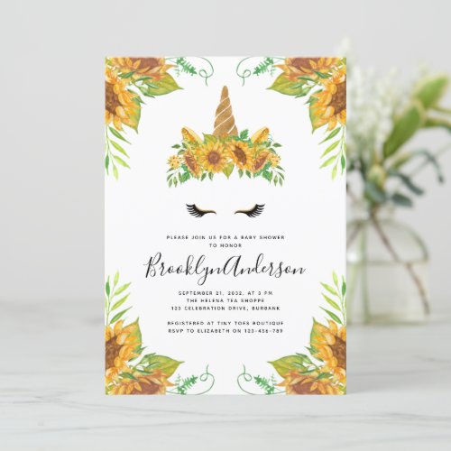 Watercolor Sunflower Floral Unicorn Baby Shower In Invitation