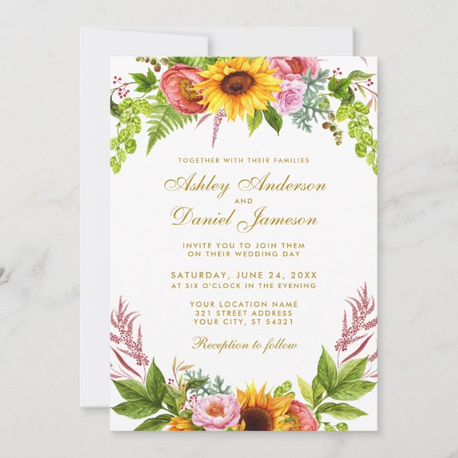 Watercolor Sunflower Floral Wedding Gold Invitation (Front)