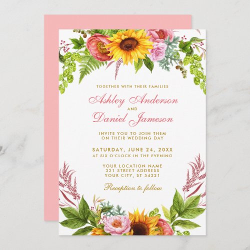 Watercolor Sunflower Floral Wedding Gold Pink Invitation